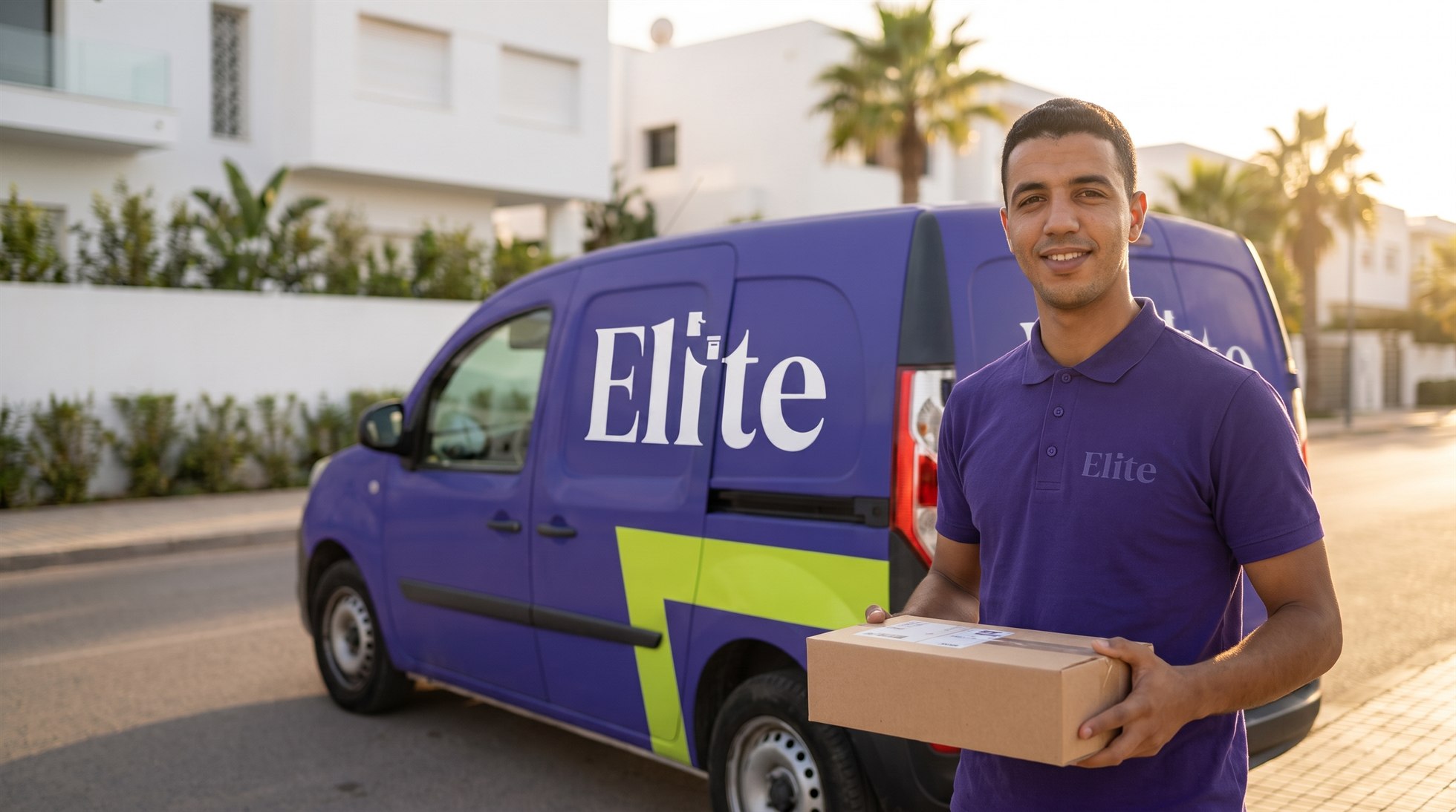 Elite courier standing in front of his van in Casablanca